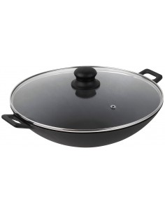 Cast iron wok with glass lid