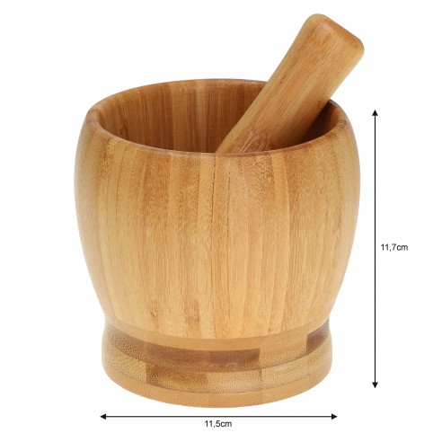 KASA Bamboo Mortar and Pestle 11.5x11.5x8 Centimeters 
